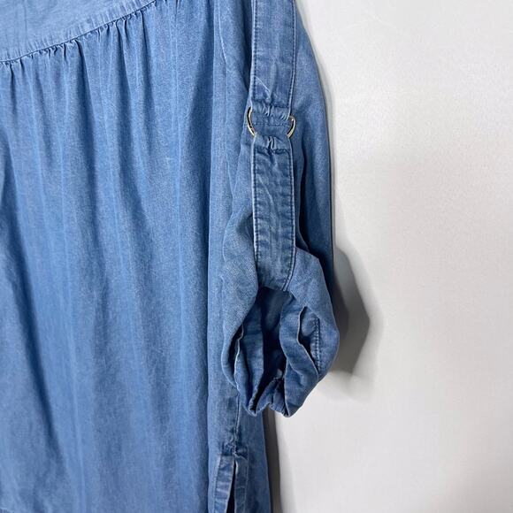 Anne Klein Small S Blue Chambray 3/4 Roll Tab Sleeve Blouse Top Split V Neck - Picture 6 of 9